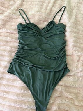Express Green Ruched Bodysuit with Thin Straps